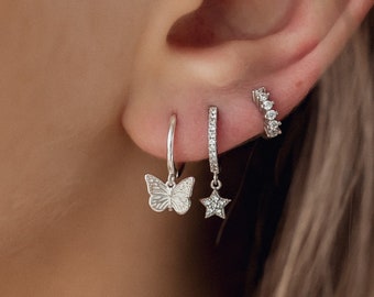 Butterfly Huggie Earrings Sterling Silver | Silver Hoop Earrings with Butterfly Pendant
