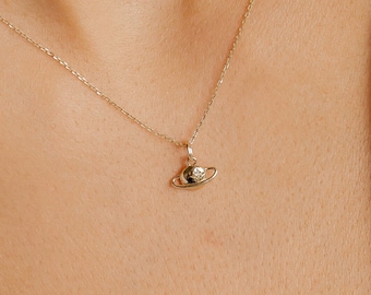 Saturn Pendant Necklace 9K Gold | 375 Solid Gold Chain with Planet Pendant | Delicate Real Gold Chain with Small Saturn Charm