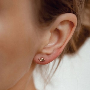9K Solid Gold Saturn Stud Earrings: Galactic Zirconia Planet Studs