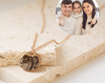 Custom Photo Pendant Necklace | Engraved Photo Pendant in Gold, Silver, Rose Gold | Customized Picture | Memory Keepsake Gift
