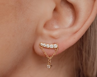 Dangle Chain Earrings with Zirkonia Charm  | Gemstone Drop Stud Earrings Sterling Silver