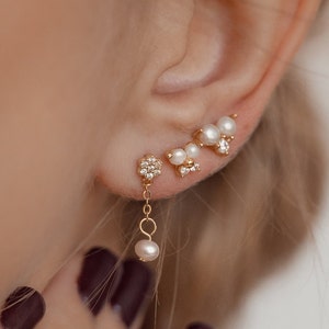 Pareloorbellen set sterlingzilver | Kleine parelstekers goud | Hangoorbellen zilver | Kettingoorbellen | Stapeloorbellen