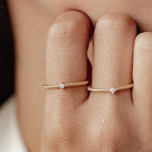 Twisted Ring Sterling Silver | Gold Promise Ring | Gemstone CZ Ring | Rose Gold Thin Ring | Dainty Silver Ring