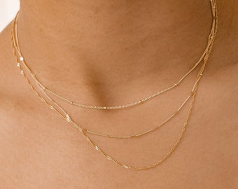 Fine Chain Necklaces Gold Sterling Silver | Set of 3 Layering Necklaces 18K Gold Plated