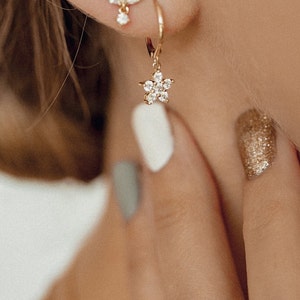 Flower Gemstone Huggie Earrings Gold Plated Sterling Silver 925 Silver Small Hoop Earrings Flower Charm image 2