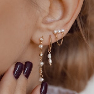 Sterling Silver Pearl Chain Earrings: Dangle Studs, 18K Gold Plated