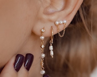 Gold Chain Earrings | Silver Chain Earrings | Sterling Silver Pearl Stud Earrings | Freshwater Pearl Earrings | Earrings Pearls