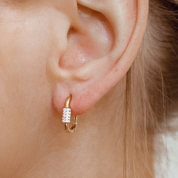 Oval Carabiner Huggie Earrings Gold Plated Sterling Silver | Geometric Rectangle Hoop Earrings