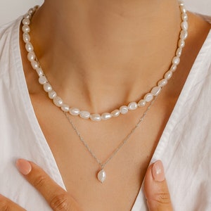 本物の淡水真珠ネックレス（スターリングシルバー）、わずかに不