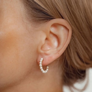 Pearl Hoop Earrings Sterling Silver | Pearl Stud Earrings Gold Plated Hoops Bridal Earrings