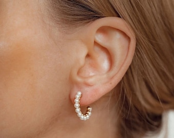 Pearl Hoop Earrings Sterling Silver | Pearl Stud Earrings Gold Plated Hoops Bridal Earrings