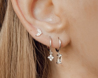 Ear Stack Set of 3 Sterling Silver Earrings | Baguette Huggie Hoop, Huggie Gemstone Charm and Small Stud Earring
