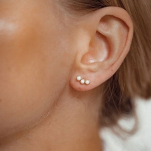 Sterling Silver Pearl Stud Earrings: Minimalist Trio Design