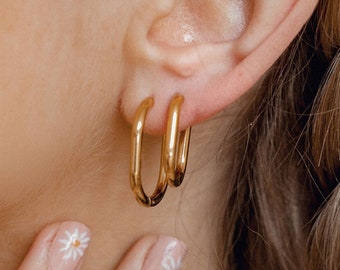 Thin Hoop Earrings | Hoop Earring Set | Oval Hoop Earrings | Thin Gold Hoops | Waterproof Earrings