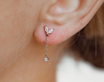 Waterdrop Earrings Sterling Silver | Chain Stud Earrings with Zirconia