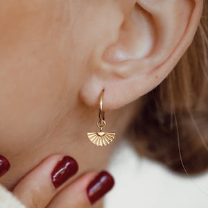 Fan Charm Hoop Earrings Gold Sterling Silver | Rose Gold Hoop Earrings | Huggie Hoop Earrings | Small Hoops Huggie Earrings 18K Gold Plated