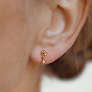 Flower Drop Stud Earrings Sterling Silver | Gemstone Flower Ear Studs Dangle Earrings with Zirconia