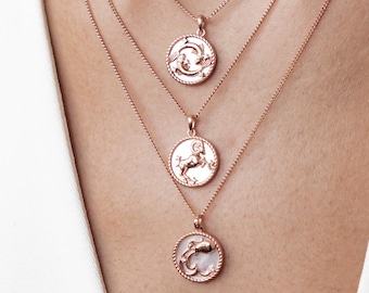 Collar del zodiaco chapado en oro rosa / Colgante de nácar / Collar de piedras preciosas astrológicas / Collar de horóscopo de regalo del signo del zodiaco