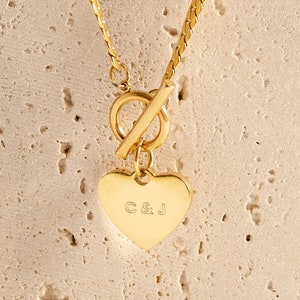 Custom Engraving Heart Pendant Necklace | Personalized Engraved T-bar Necklace with Heart Pendant | Name Engraving Heart-Shaped Plate