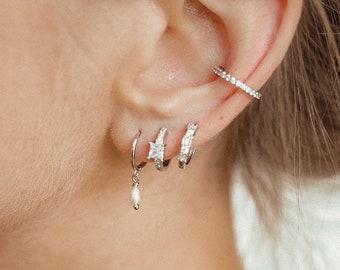 Pearl Huggie Earrings Sterling Silver | 925 Silver Hoop Earrings with Pearl Charm