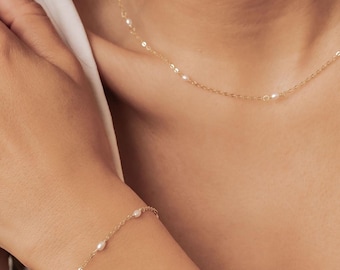 Perlenschmuck-Set: Perlenkette und Armband | Zarter Perlenschmuck | Schmuck-Set aus Sterlingsilber | Elegantes Brautschmuck-Set