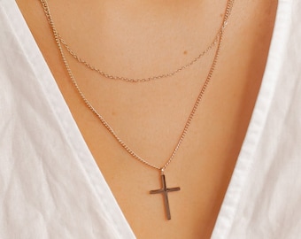 Cross Necklace Rose Gold | Delicate Layered Necklace with Cross Pendant Stainless Steel Jewellery