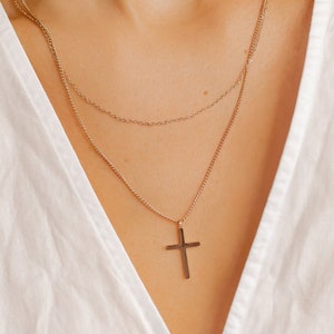 Cross Necklace Rose Gold | Delicate Layered Necklace with Cross Pendant Stainless Steel Jewellery
