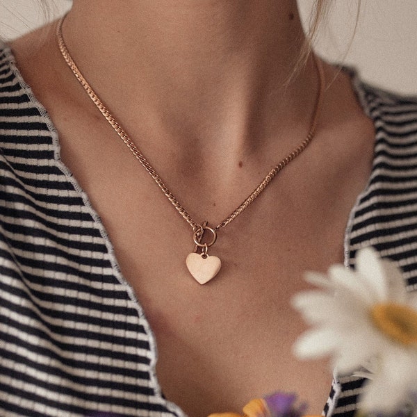 Heart Charm T-Bar Necklace Rose Gold | Delicate Toggle Clasp Chain Necklace with Heart Stainless Steel