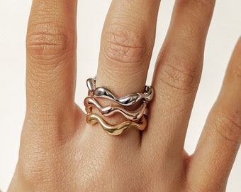 Abstract Wave Ring Gold |  Curved Silver Ring | Stacking Ring Rose Gold | Asymmetric Gold Ring