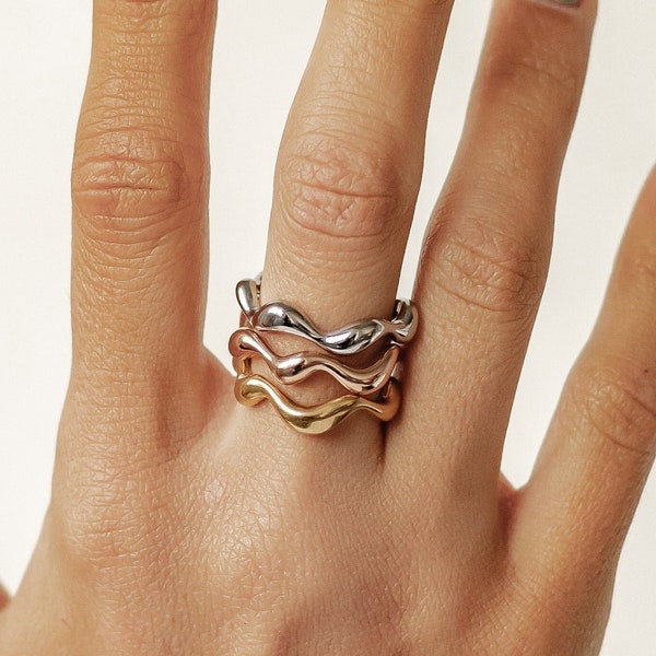 Abstract Wave Ring Gold |  Curved Silver Ring | Stacking Ring Rose Gold | Asymmetric Gold Ring