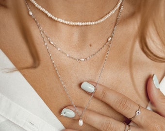 Pearl Necklaces Set Sterling Silver | 3 Delicate Layering Necklaces