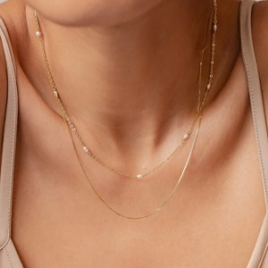 Pearl Necklace Set Sterling Silver | Layering Set of 2 Fine Chain Necklaces 18K Gold Plated