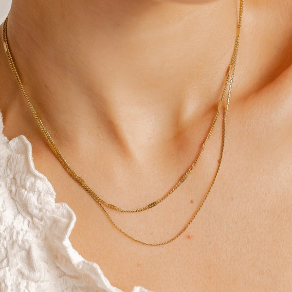 Delicate Double Layered Necklace Stainless Steel | Layering Set of 2 Chains - Fine Cable Chain and Beaded Necklace