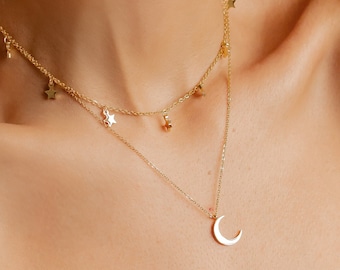 Moon Star Jewellery Set in Gold Colour | Delicate Half Moon Necklace and Star Choker