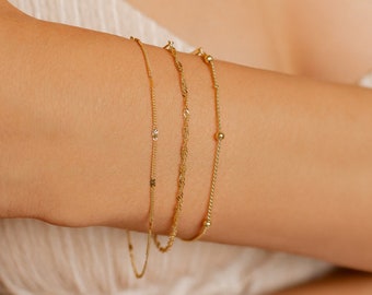 Delicate Layering Bracelets Sterling Silver Gold | Filigree Chain Bracelets Set of 3 Minimalist Jewellery