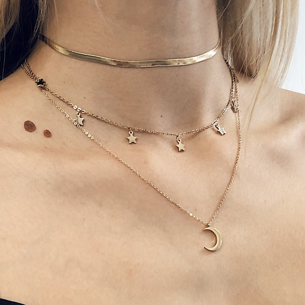 Zarte Kette Sterne in Goldfarbe | Feine Choker Kette mit Kleinen Anhängern