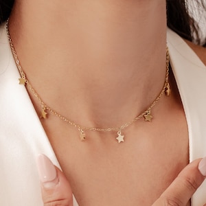 Star Necklace in Gold Color | Delicate Choker Necklace with Tiny Star Pendants