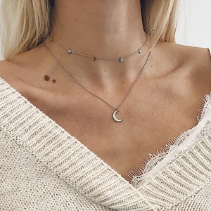 Moon Star Jewellery Set in Silver Colour 2 pcs. | Crescent Moon Necklace and Filigree Chain Choker with Stars