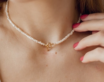 Perlenkette mit Herz Verschluss | Choker Herz Verschluss Kette mit Perlen Vergoldeter Sterlingsilber