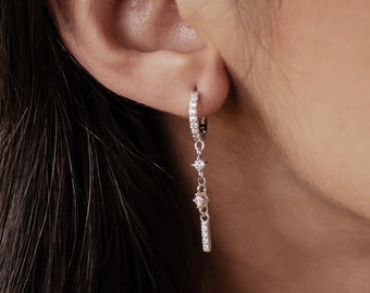 Dangle Bar Huggie Earrings Sterling Silver | Dangling Hoop Earrings