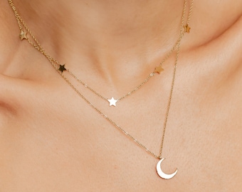 Moon Star Jewellery Set in Gold Colour 2 pcs. | Crescent Moon Necklace and Filigree Chain Choker with Stars