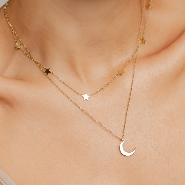 Mond und Stern Schmuckset in Goldfarbe 2-TLG. | Zarte Halbmond Kette und Stern Choker Kette aus Edelstahl