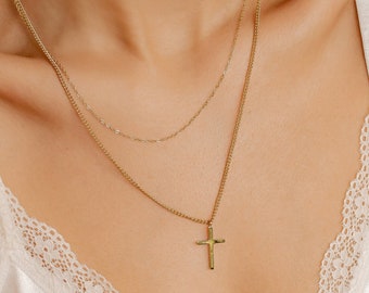 Cross Necklace Gold Colour | Delicate Layered Necklace with Cross Pendant Stainless Steel Jewellery
