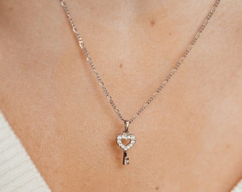 Heart Key Pendant Necklace Sterling Silver | Heart Charm Necklace Silver