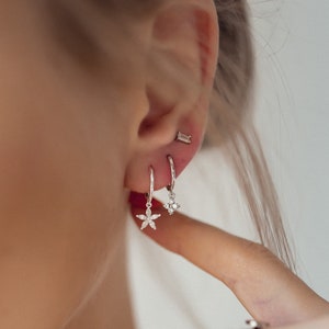 Gemstone Daisy Huggie Earrings Sterling Silver | Sterling Silver Hoop Earrings Flower Charm