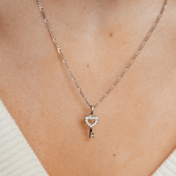 Herz Schlüssel Anhänger Kette Sterlingsilber | Herz Charm Halskette Silber