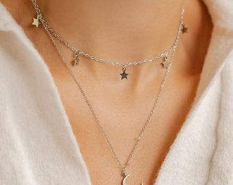 Layer Necklace Set: Moon Star Jewellery Set in Silver Colour | Delicate Half Moon Necklace and Star Choker