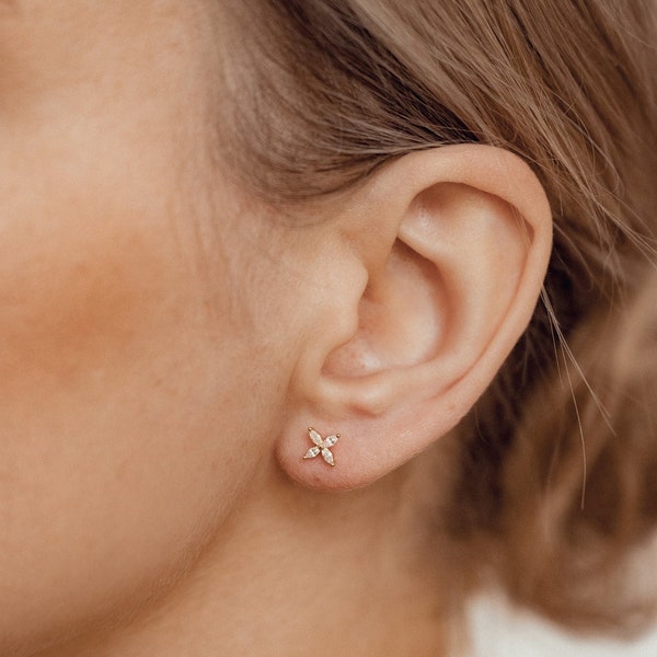 Blooming Flower Stud Earrings Sterling Silver | Small Silver Studs Earrings with Gemstones