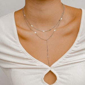 Long Layered Necklace in Silver Colour Delicate Y Necklace Double Row Necklace Stainless Steel image 3