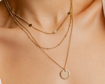 Circle Necklace Layering Set Gold Plated | Set of 2 Necklaces: Short Coin Necklace and Double Layered Necklace with Disc Pendant